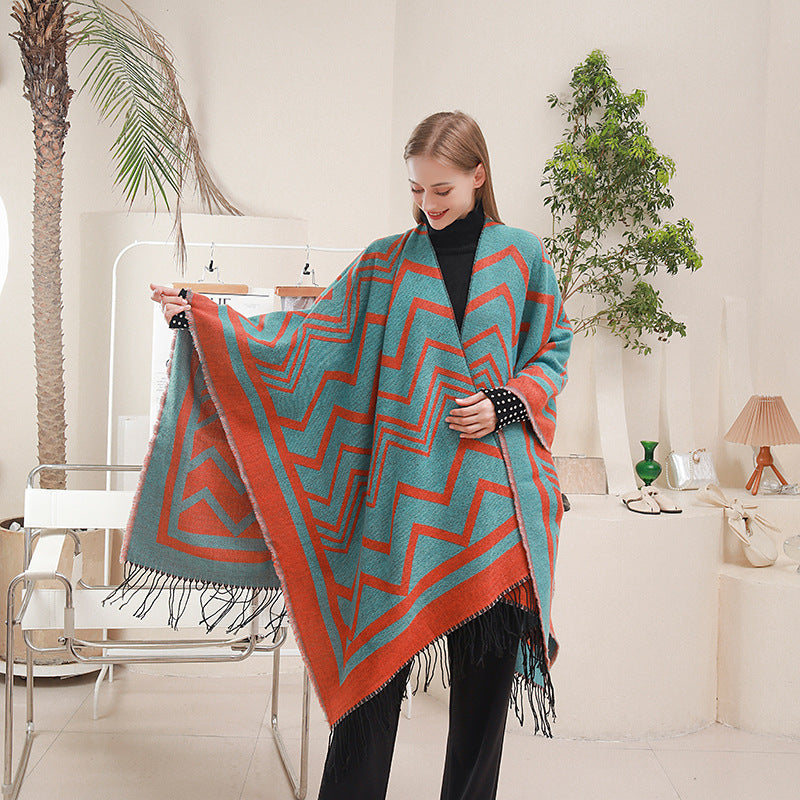 Fashionable With Side-slit Shawl Cape Herringbone Wave Scarf Shawl