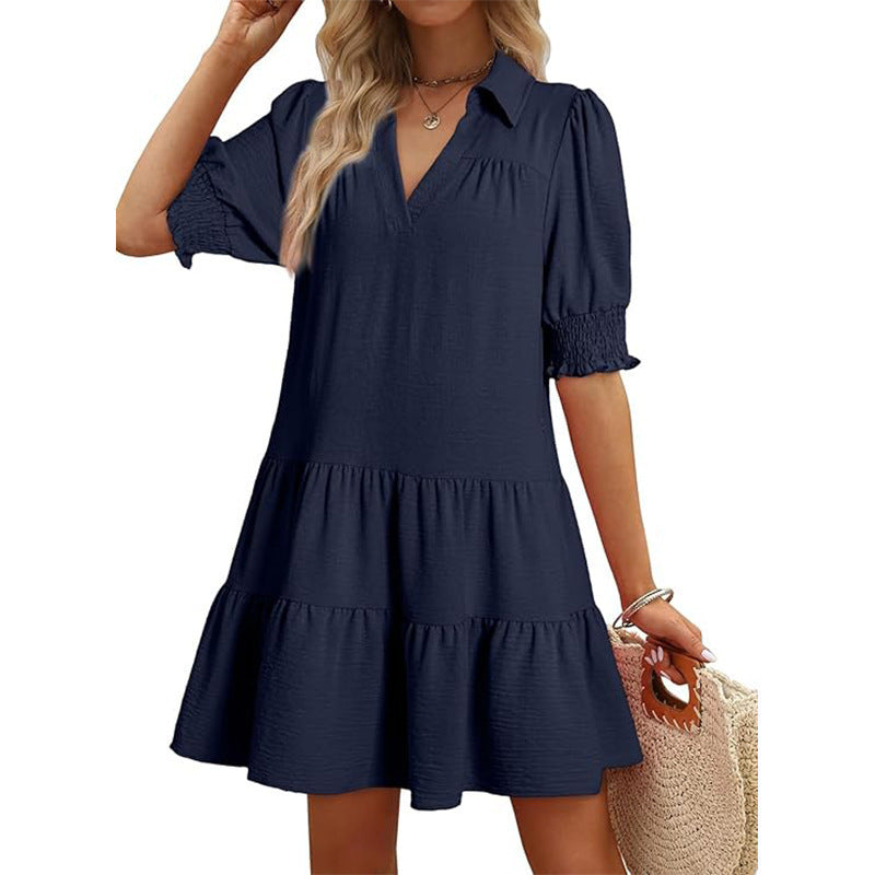 Women's Clothing Casual Polo Collar V-neck Half Sleeves Pleated Dress