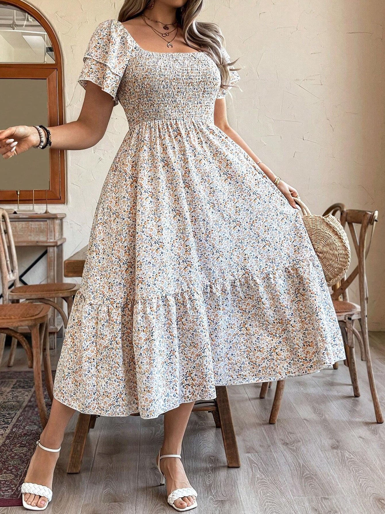 Women's Plus Size Backless Midi Dress For Summer Party - Elegant Pleated Printed Dress