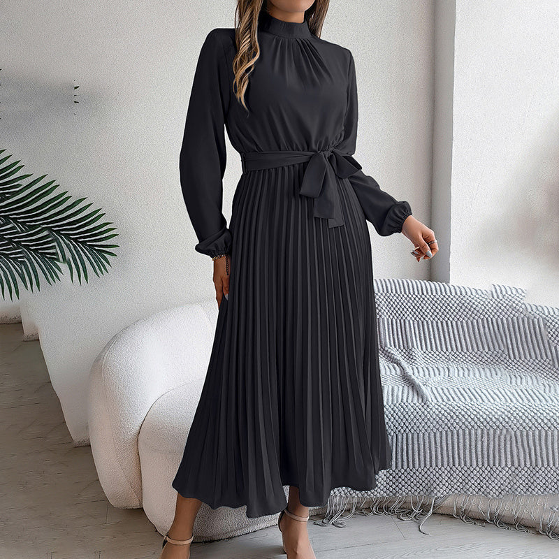 Elegant High Neck Long Sleeve Pleated Maxi Dress - Solid Color Flowy Dress For Women, Casual To Formal Wear