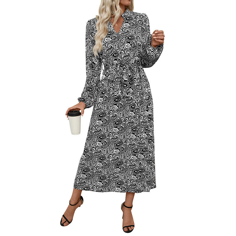 Paisley Printed Elegant V-neck Long-sleeve Dress