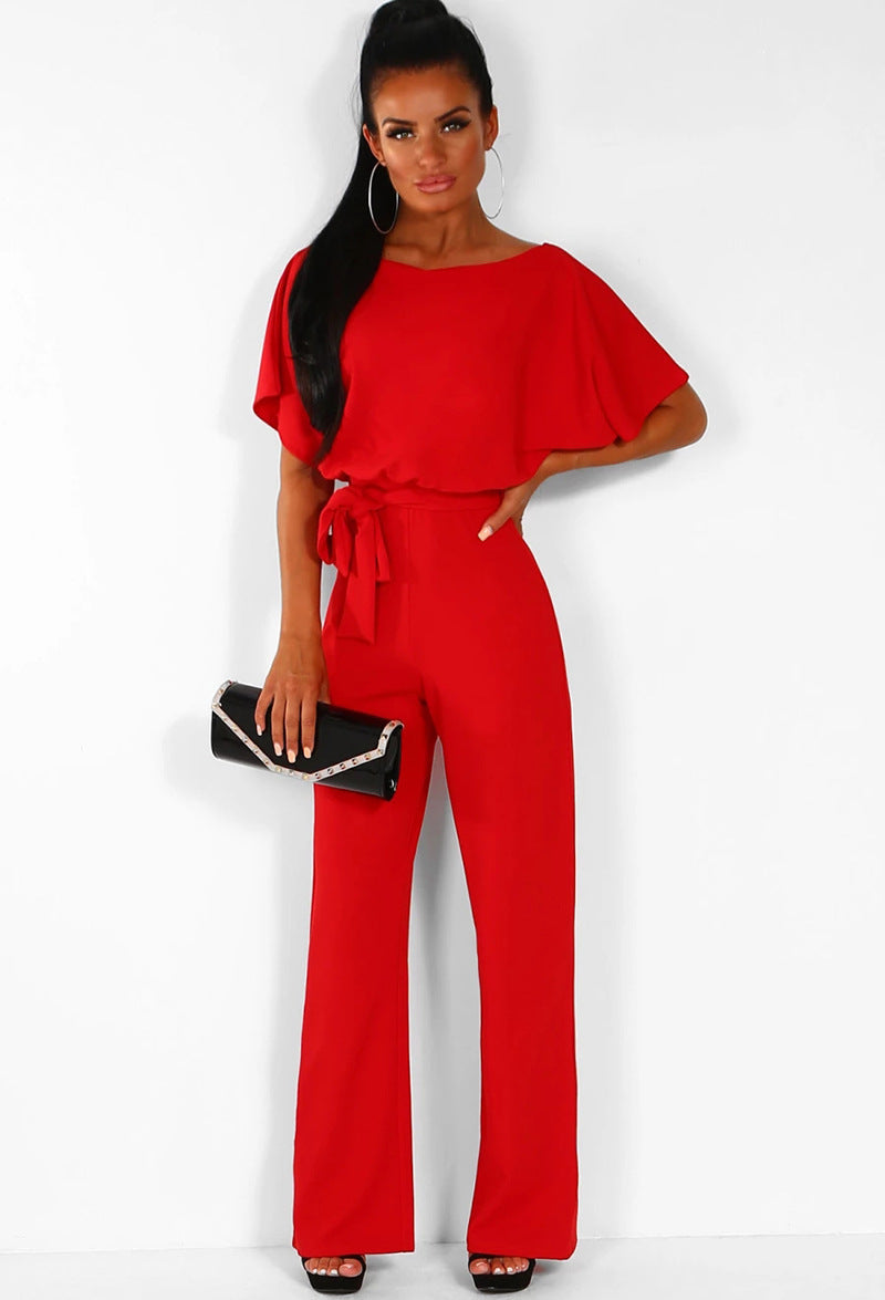 Tie-up Button Short-sleeved Women's Jumpsuit
