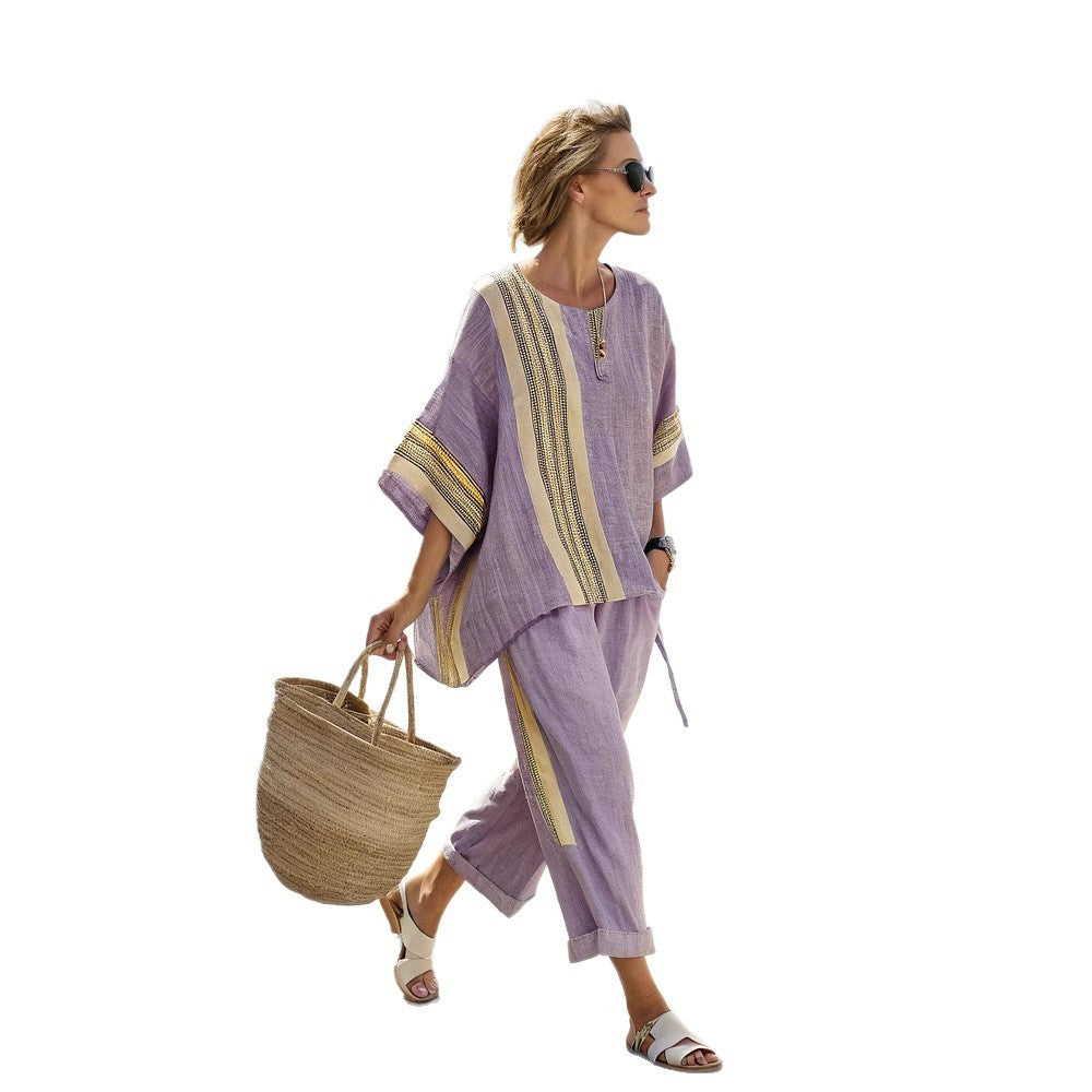 Loose Casual Vertical Stripes Ramie Bamboo Fiber Top