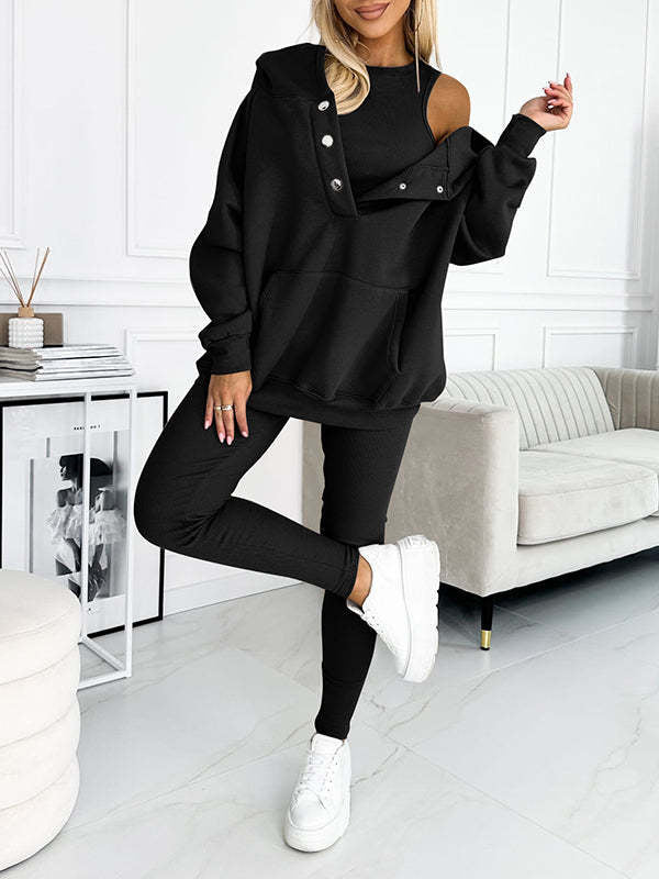 3pc Set Suit Loose Hooded Pockets Sweatshirt And Vest And Slim Trousers