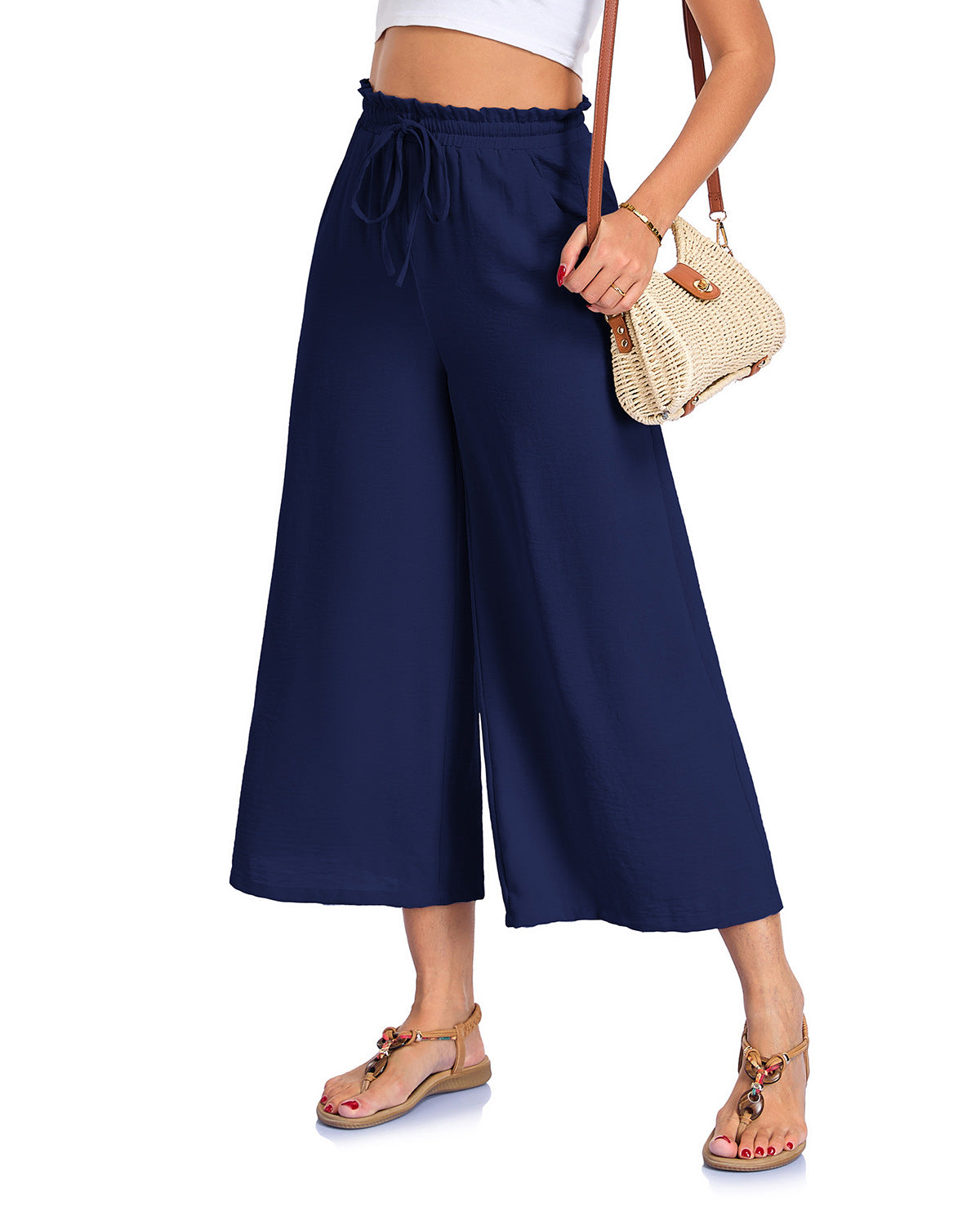 Fashionable Loose-fitting Capri Wide-leg Pants With Pockets And An Elastic Waistband
