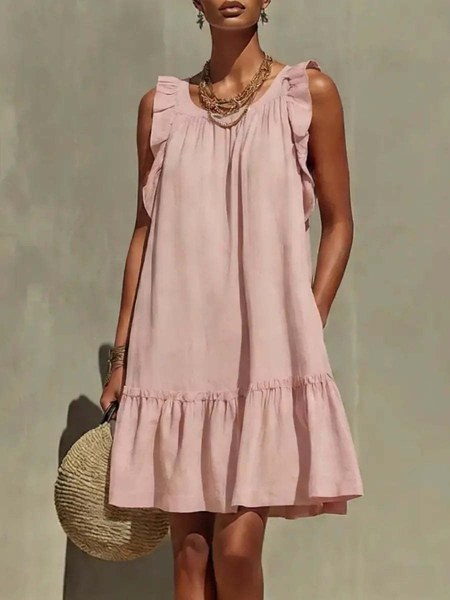 New Stylish Casual Loose Round-Neck Sleeveless Ruffle-Trim Dress