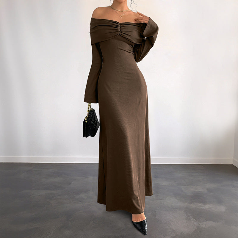 Brown Off-shoulder Slim Women's Dress