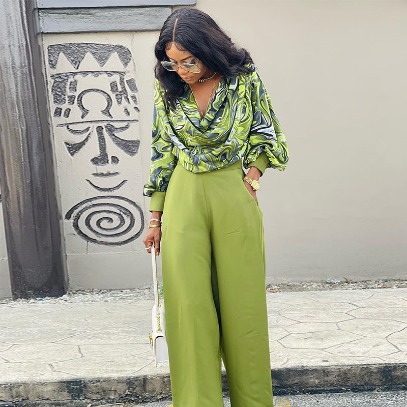 Printed Lantern Sleeve Shirt Wide-leg Suit