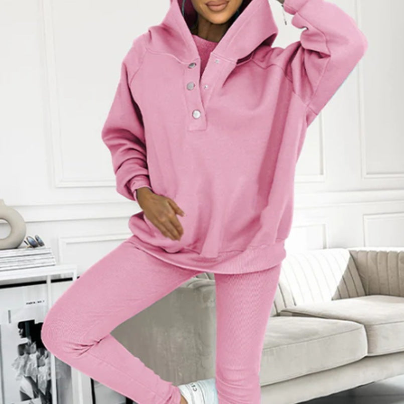 3pc Set Suit Loose Hooded Pockets Sweatshirt And Vest And Slim Trousers
