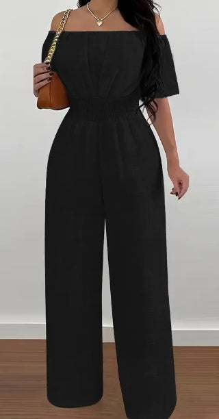 Elegant Off-Shoulder Short Sleeve Waist Cinch Jumpsuit Solid Color