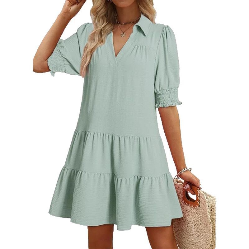 Women's Clothing Casual Polo Collar V-neck Half Sleeves Pleated Dress