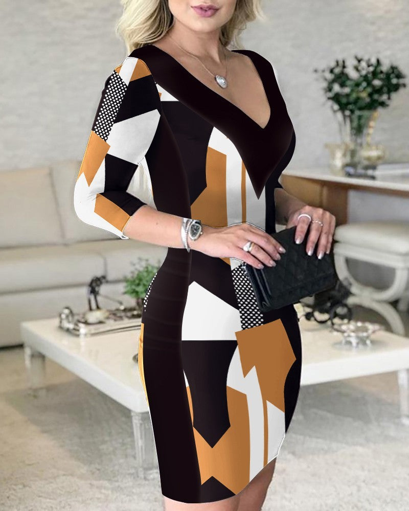 Printed Wrap Hip Skirt V-neck Dress