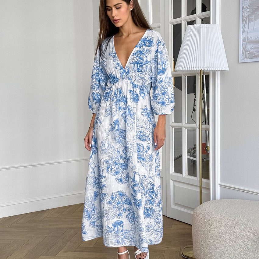 Elegant V-neck Lantern Sleeve All-matching Printed Dress
