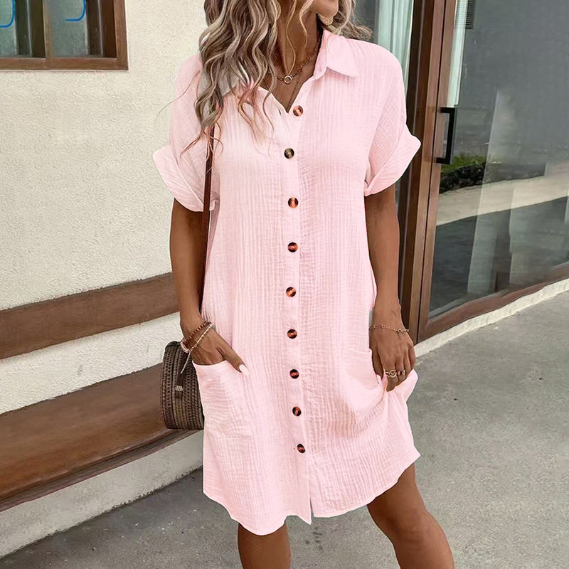 Casual Collar Button Down Short Sleeve Tunic Shirt Dress With Pockets