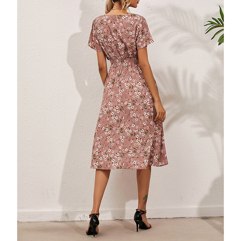 Boho V Neck Floral Print Short Sleeve Mini Dress Cute Smocked Waist Short Dress