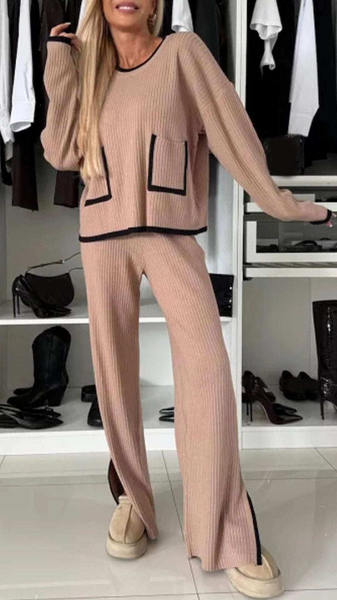 Women's Casual Suit Color Matching Pocket Top Wide Leg Pants