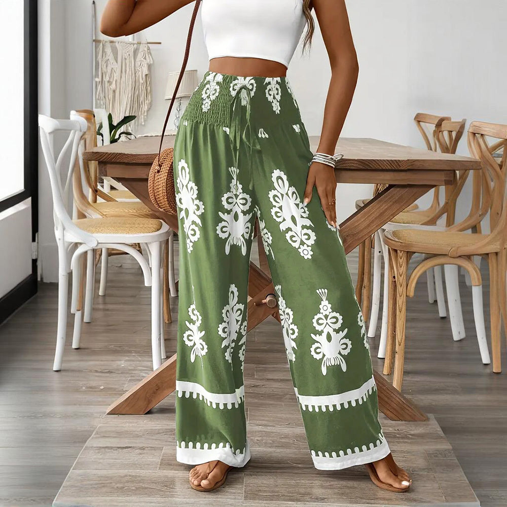 Elegant Women's High-Waisted Wide-Leg Pants With White Geometric Print Fashionable & Casual Summer Trousers