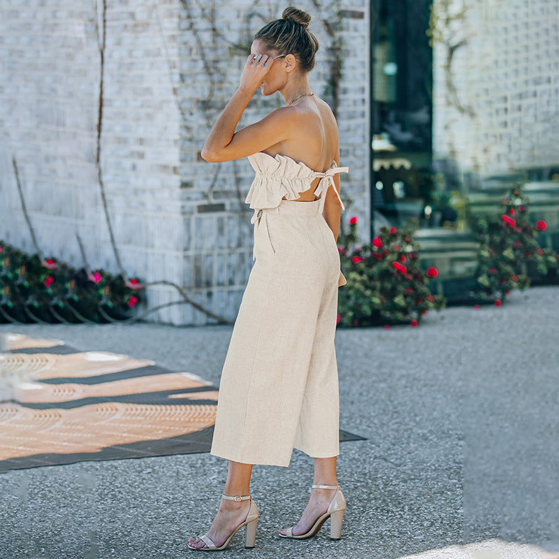 Sleeveless Pleated One-piece Ankle-length Pants