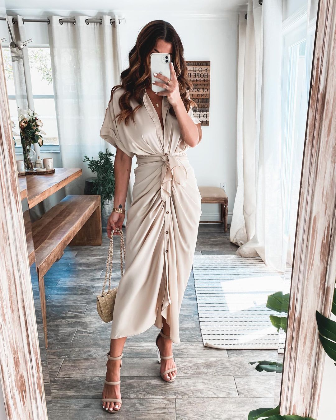 Short Sleeve Cuff Button down Collar V-neck Long Dress