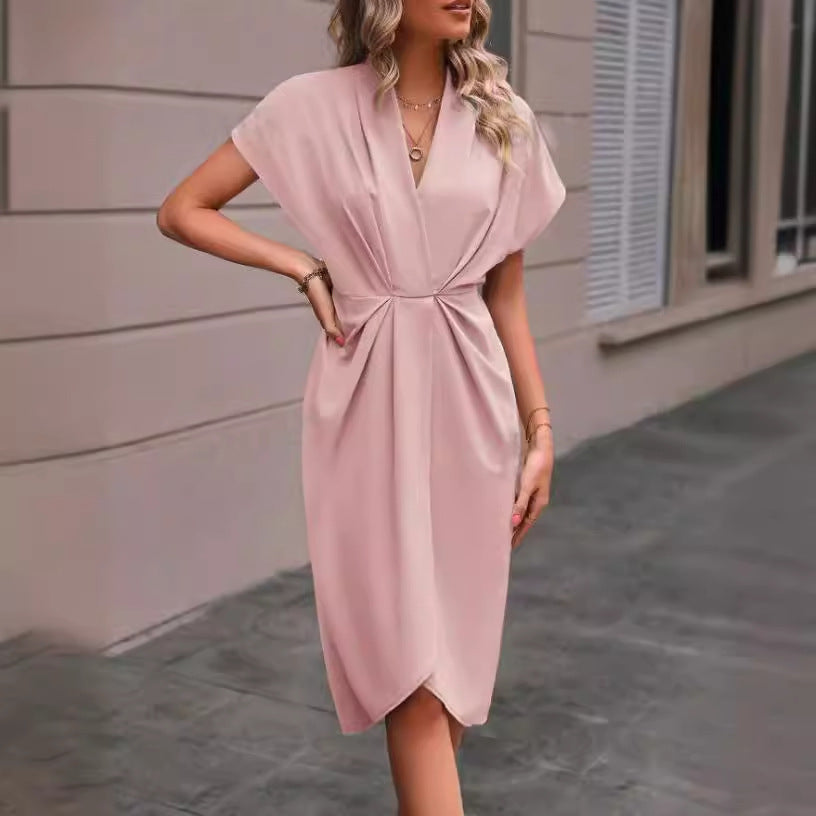 Batwing Sleeve Dress V-neck Short Sleeve Pleated Dresses