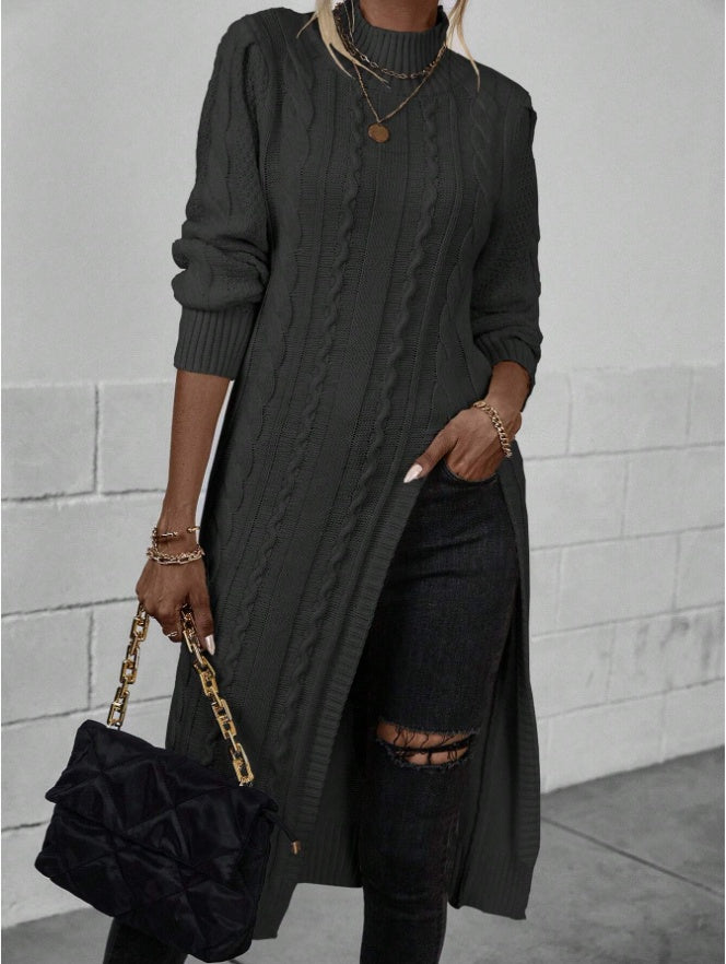 Women Crew Neck Long Sleeve Split Hem Minimalist Sweater
