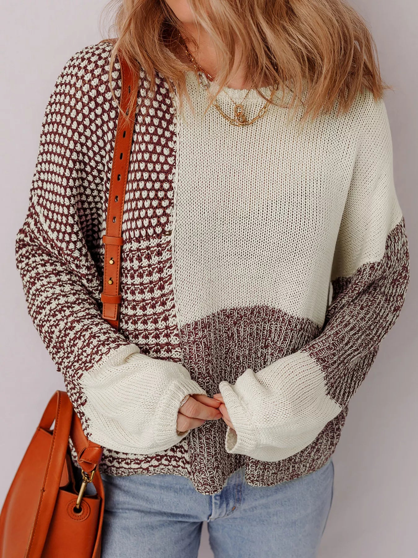 Color Block Loose Back Tie Drop Shoulder Sweater