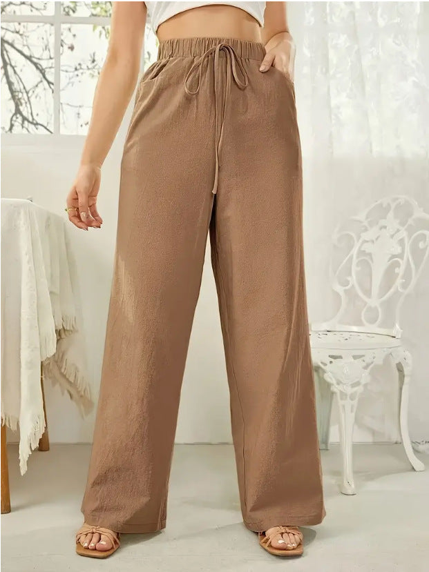 Elastic-waist Casual Solid-color Trousers