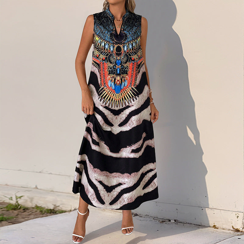Stand Collar Sleeveless Zebra Print Dress