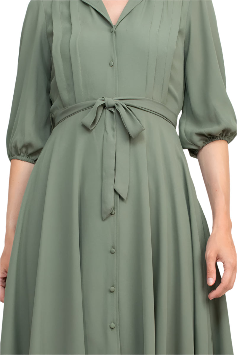Nanette Lepore Collared 3/4 Sleeve Pleated Tie Waist Solid Rayon Dress