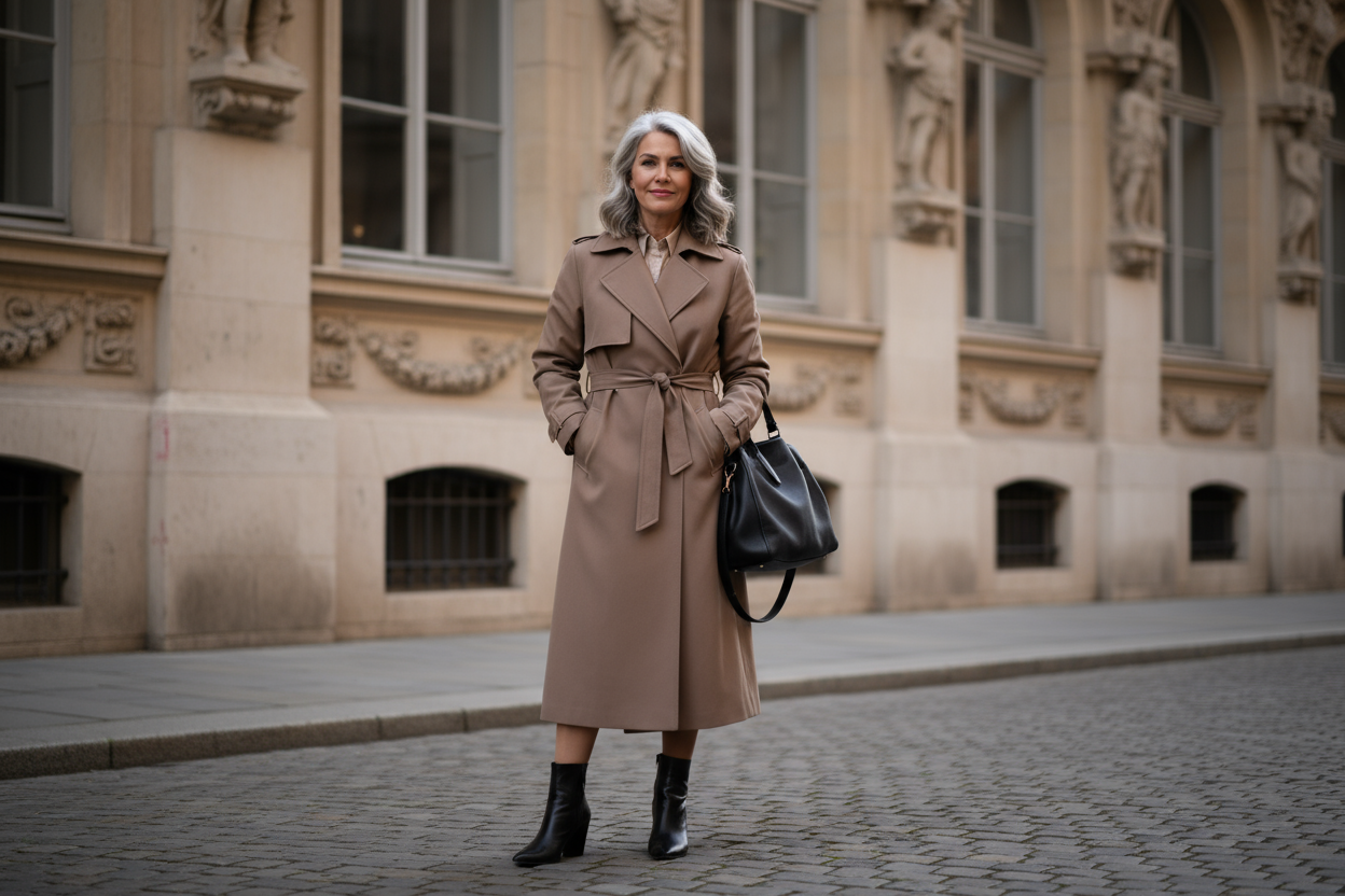 mature women outdoors with trench coat and purse