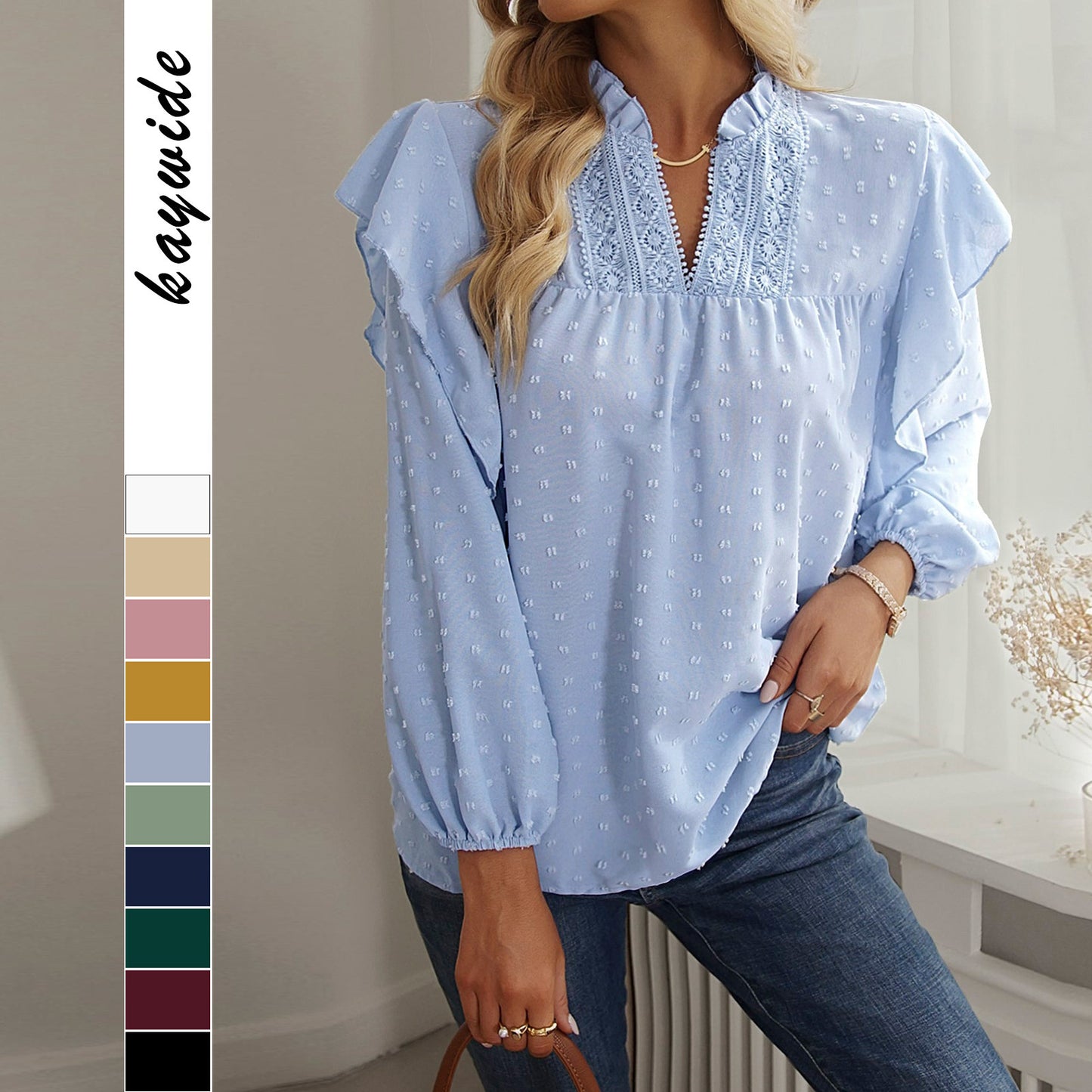 Spring And Summer Ruffled Lantern Sleeves Lace Stitching Blouse