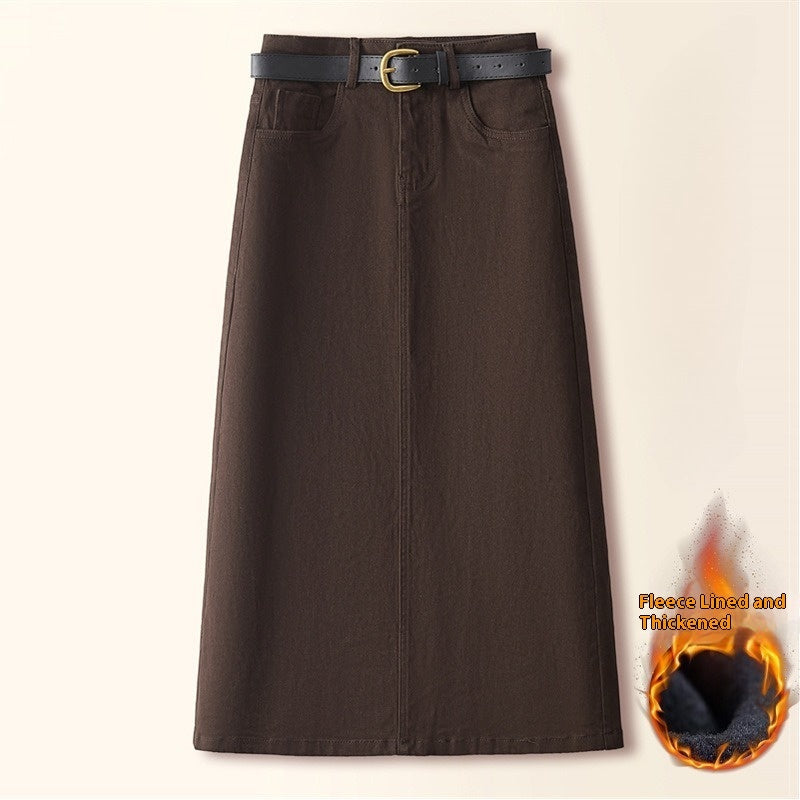 Brown A- Line Straight Skirt Retro Slit Hip Skirt