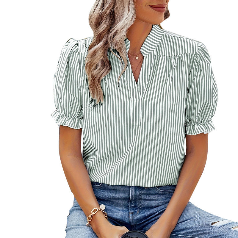 Striped Shirt Lantern Short Sleeve Pullover Women's Top