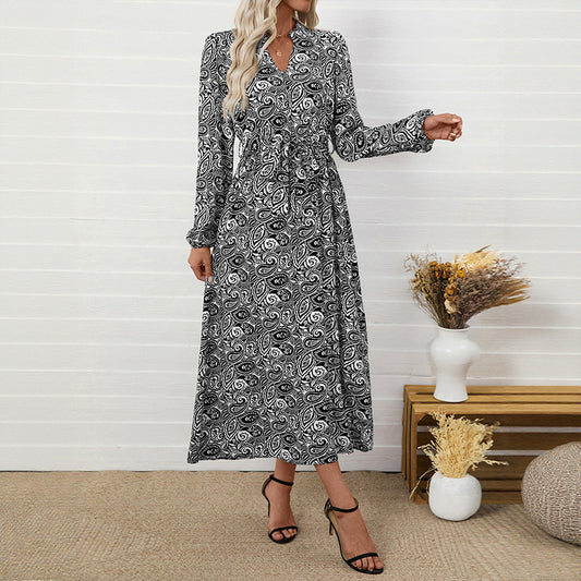 Paisley Printed Elegant V-neck Long-sleeve Dress