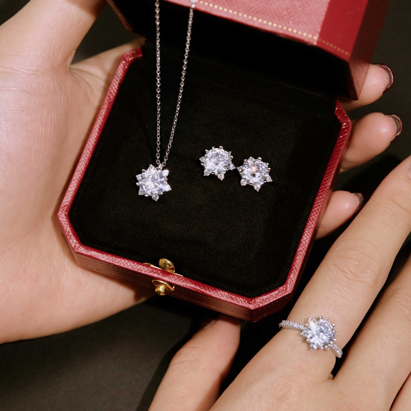 Set S925 Sterling Silver Ornament Snowflake Zircon Ring Light Luxury Clavicle Chain  Earrings