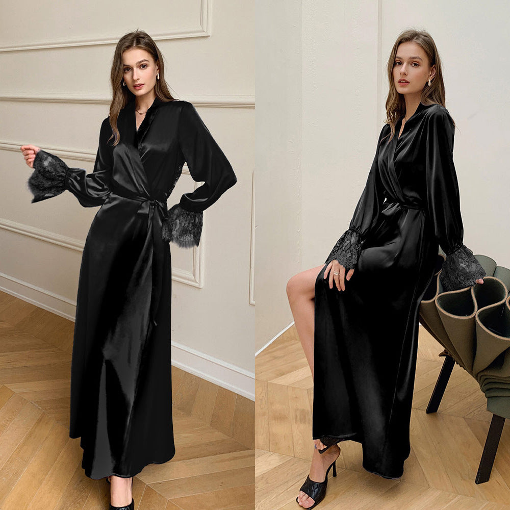 Women's Summer Thin Satin Ice Silk Pajamas Lace Stitching French Elegant Backless Homewear