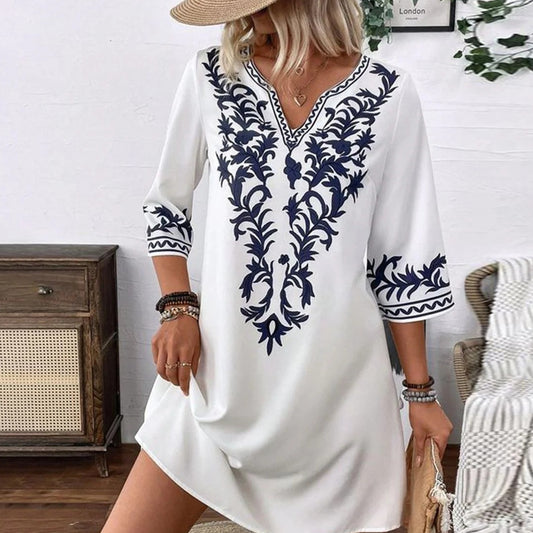 V-neck Bohemian Pastoral Style Half Sleeve Commuter Dress