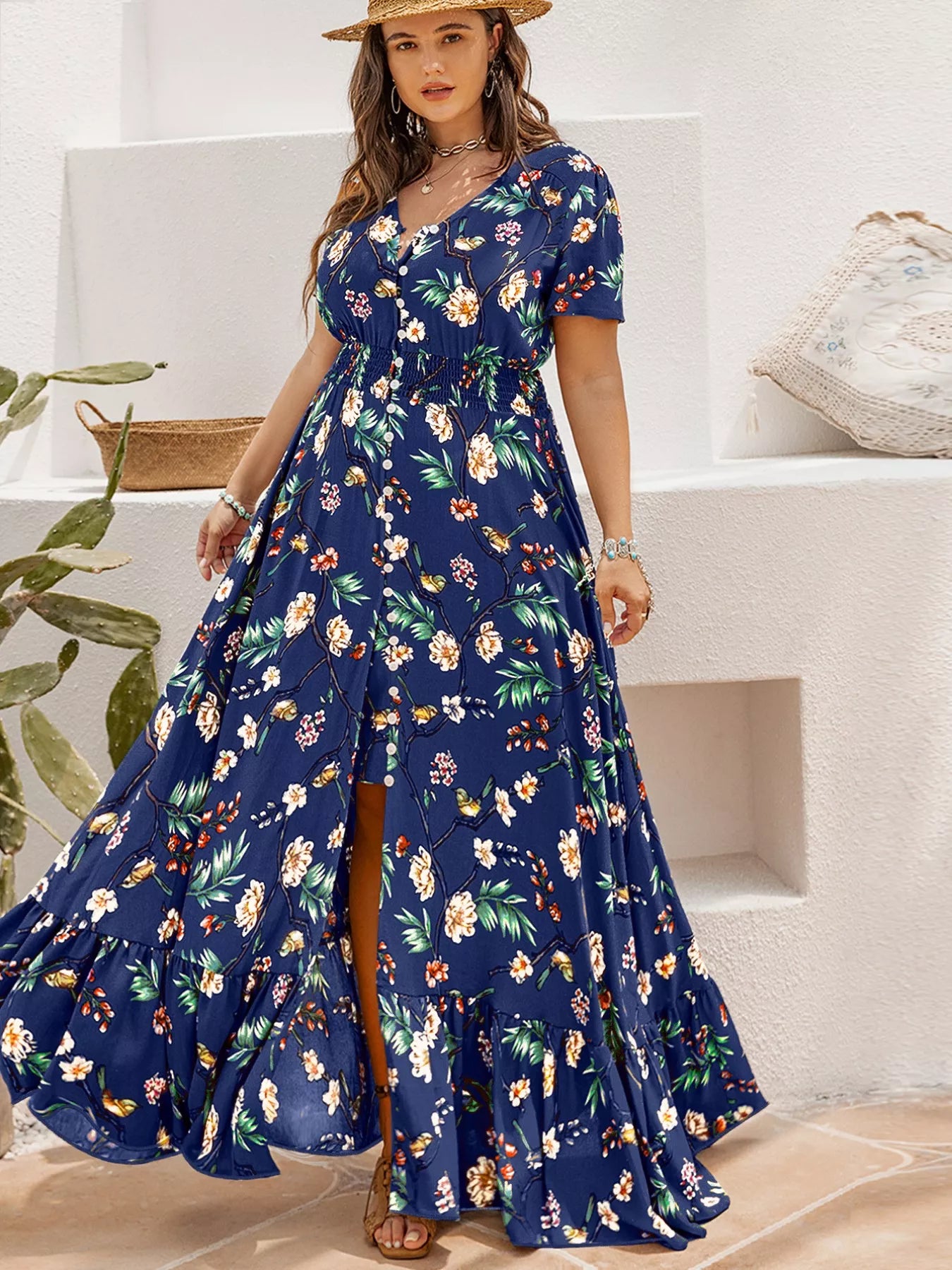 Plus Size Floral V Neck Short Sleeve Maxi Dress
