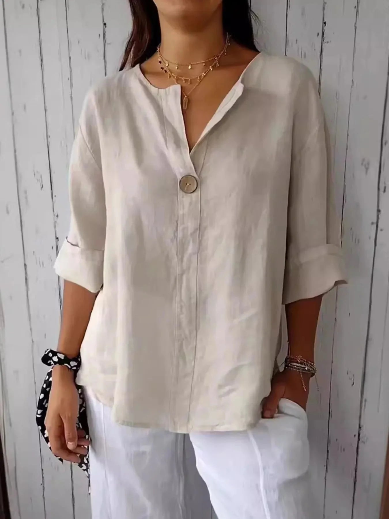 Breezy Button-Front Relaxed Linen Blouse