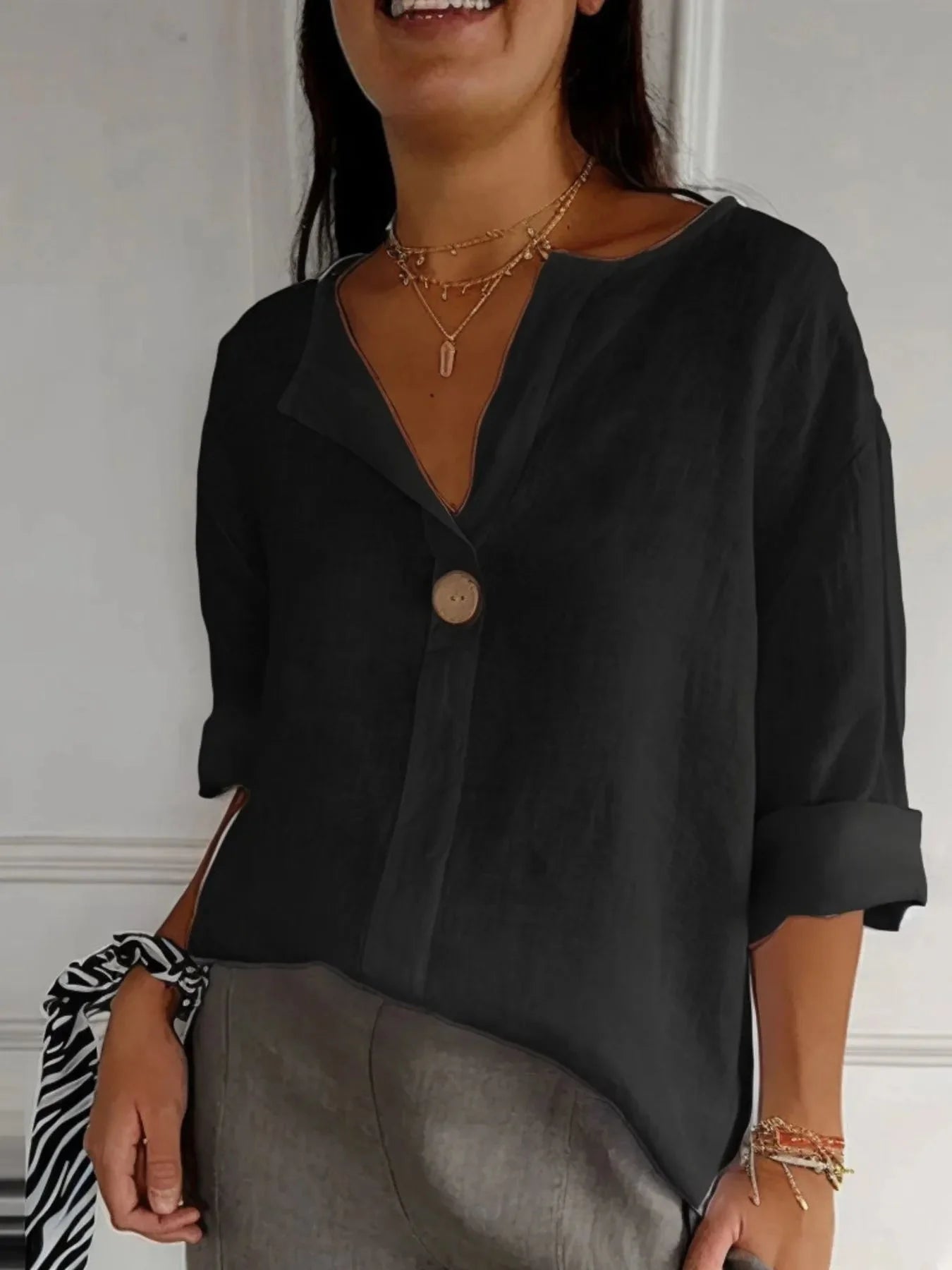 Breezy Button-Front Relaxed Linen Blouse