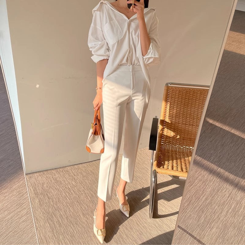 White Cropped Suit Pants High Waist Drooping Casual