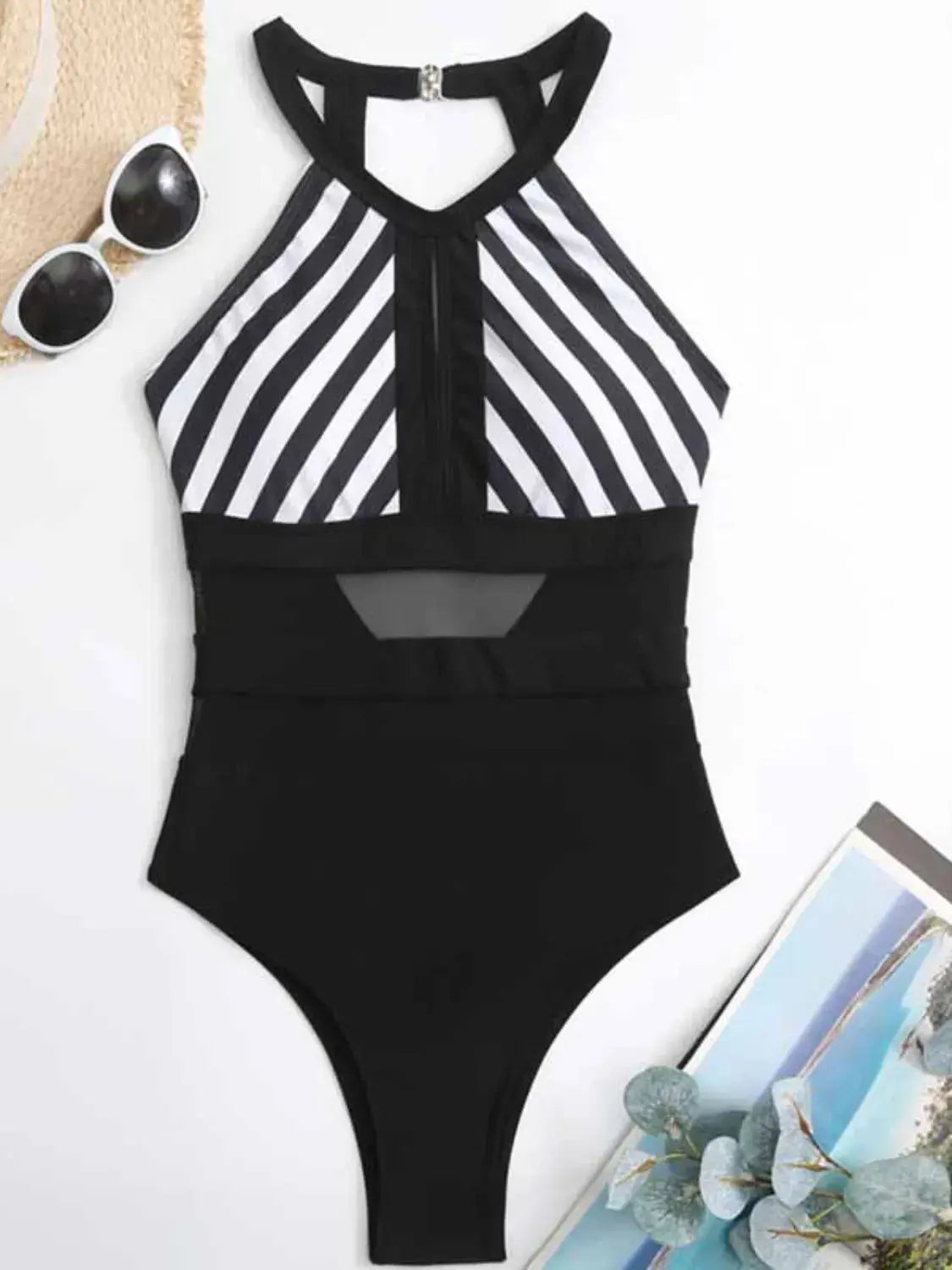 Mesh Cutout Striped Backless One Piece Swimsuit