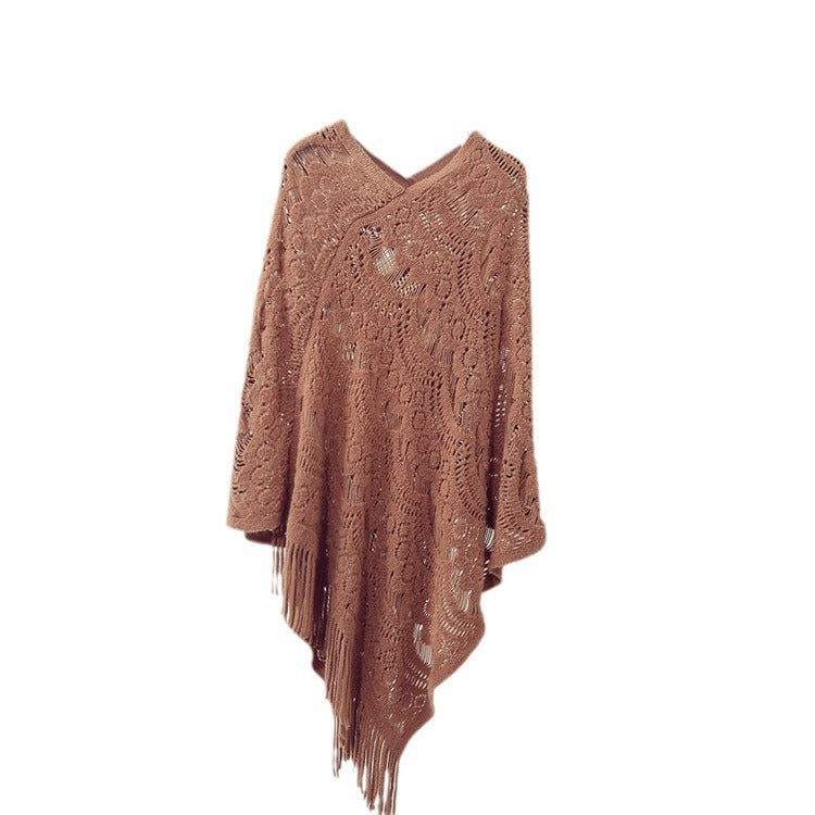 Women's Knitted Crocheted Hollow Irregular Tassel Pullover Sweater
