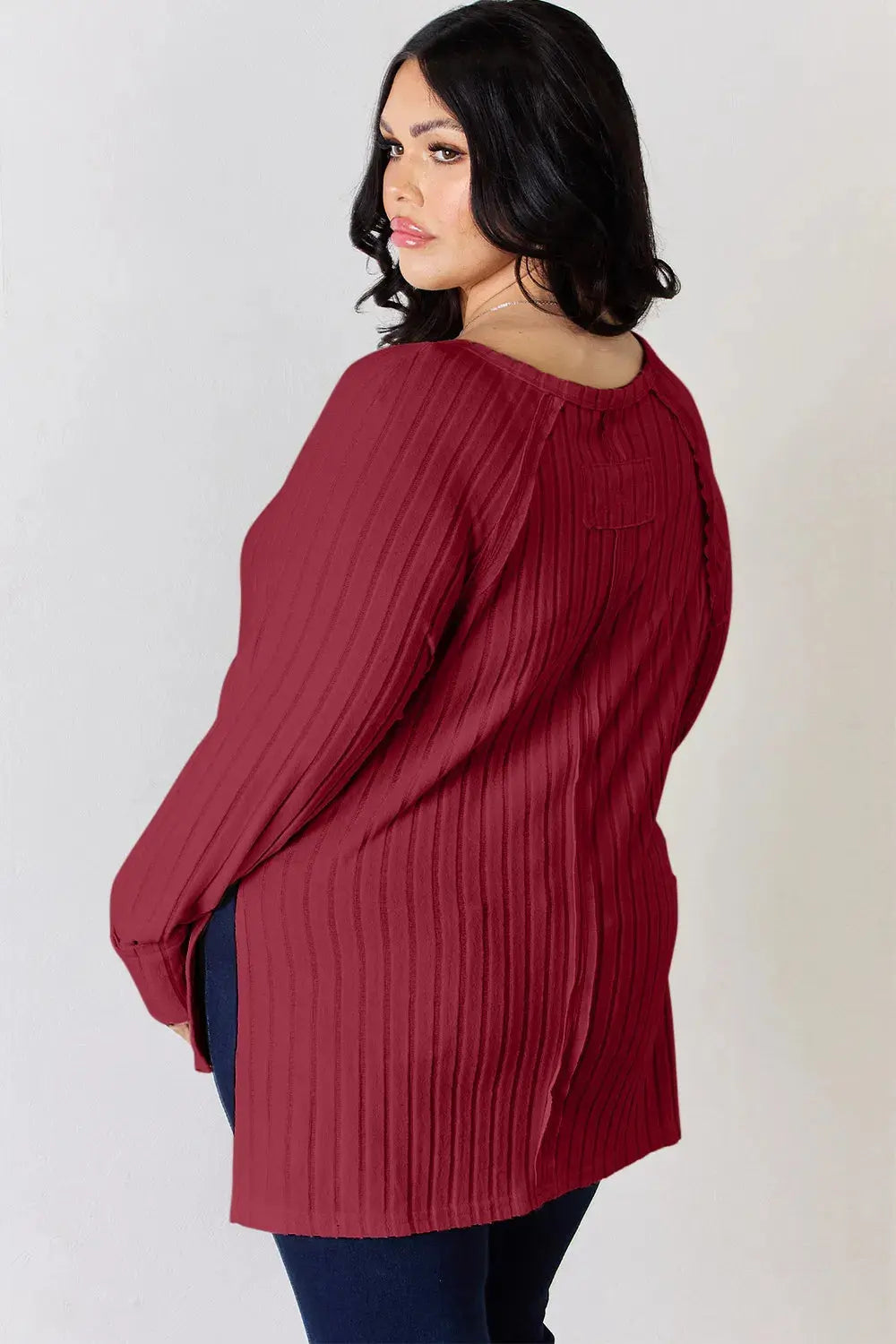 Basic Bae Ribbed Round Neck Slit Womens Long Sleeve T Shirt – Full & Plus Size