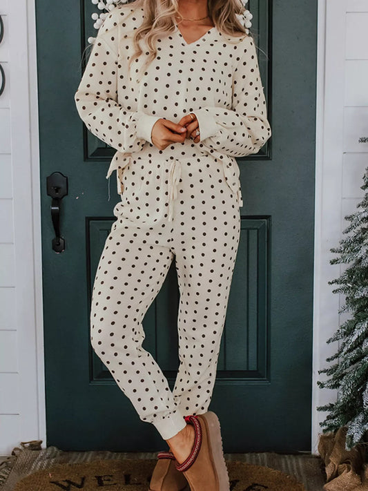 Polka Dot Notched Long Sleeve Top and Drawstring Loungewear Set