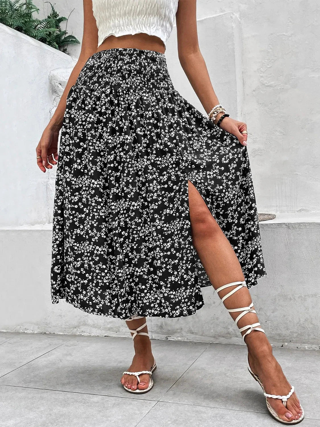 Slit Smocked High Waist Floral Midi Skirt