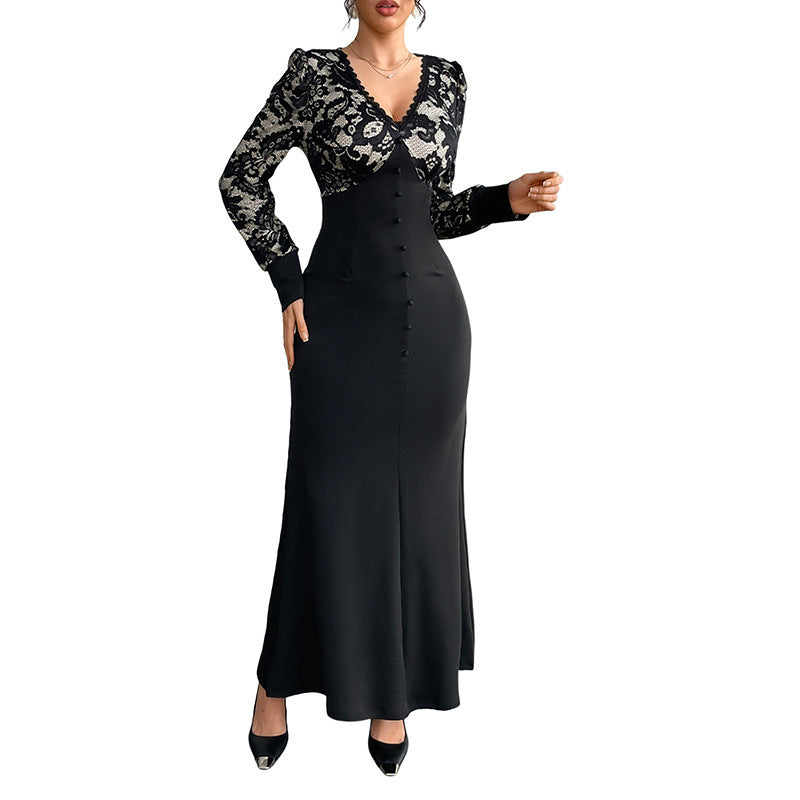 Retro V-neck Lace Stitching Long Sleeve Dress