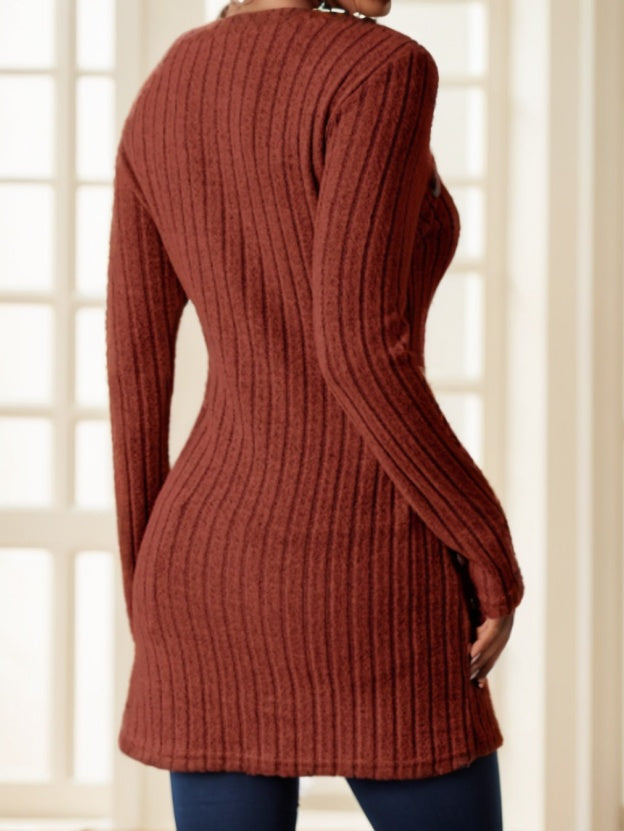 Square Neck Slim Fit Knit Button Decor Slit Hem Slim Fit Casual Long Sleeve T-shirt