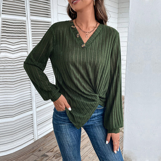 Fall V-neck Women's Top Texture Sunken Stripe Long-sleeved Sweater