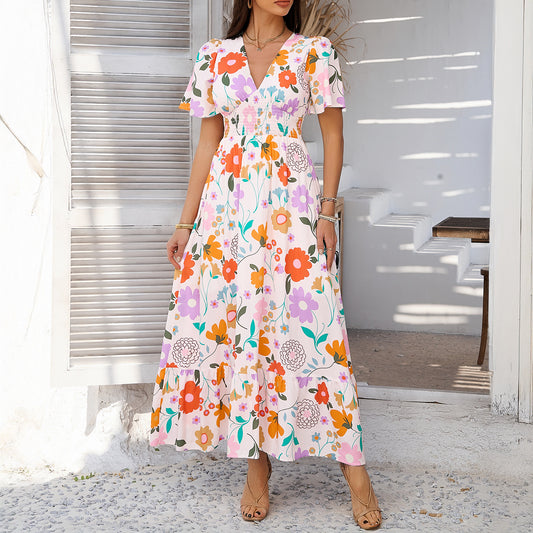 Casual Vacation Style Printed Contrast Color V-neck